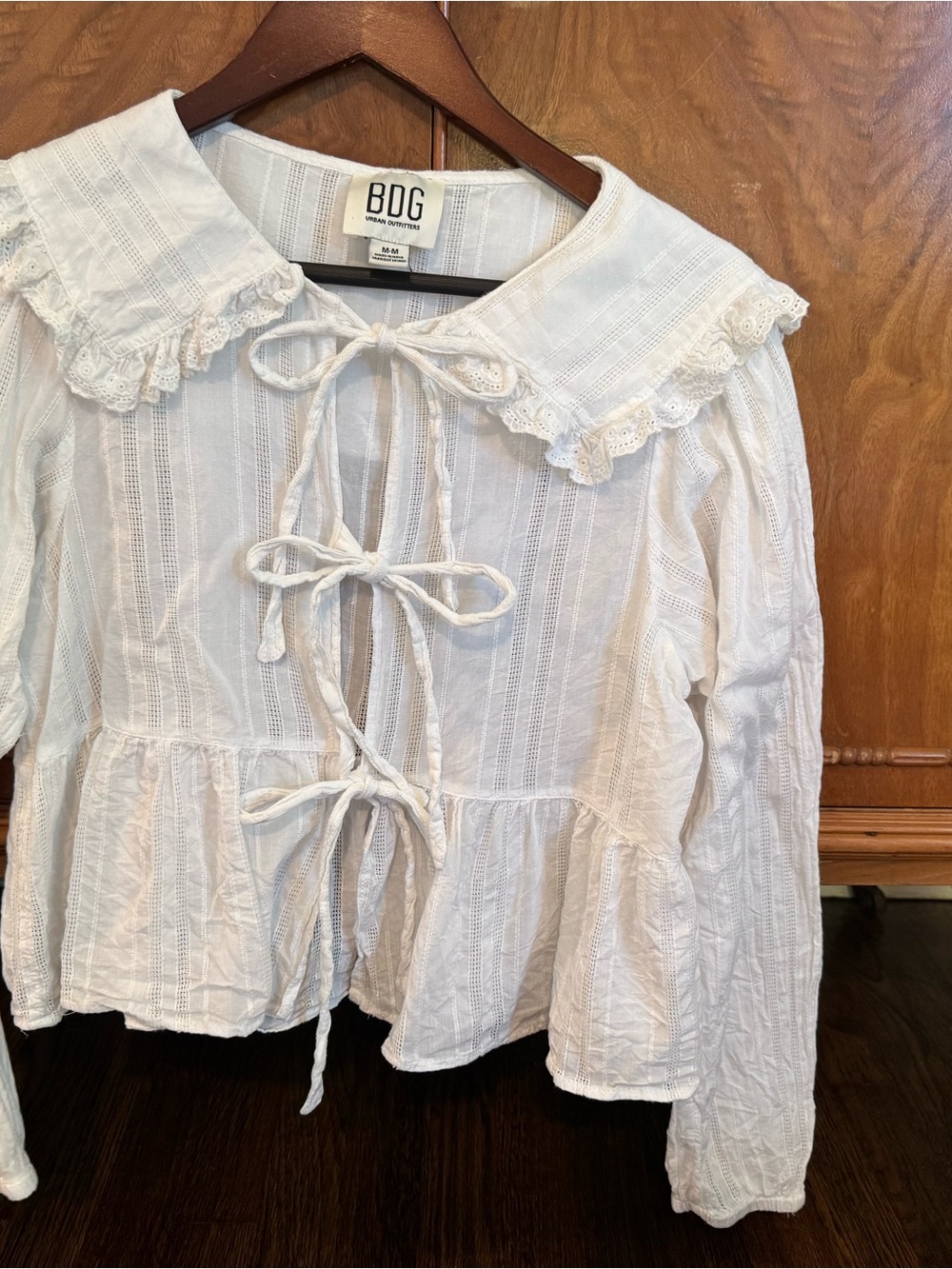 BDG White Lace-Trim Tie-Front Peasant Top